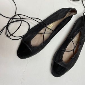 Chanel Black Leather Ballet Flats Ankle Tie Vintage 37.5